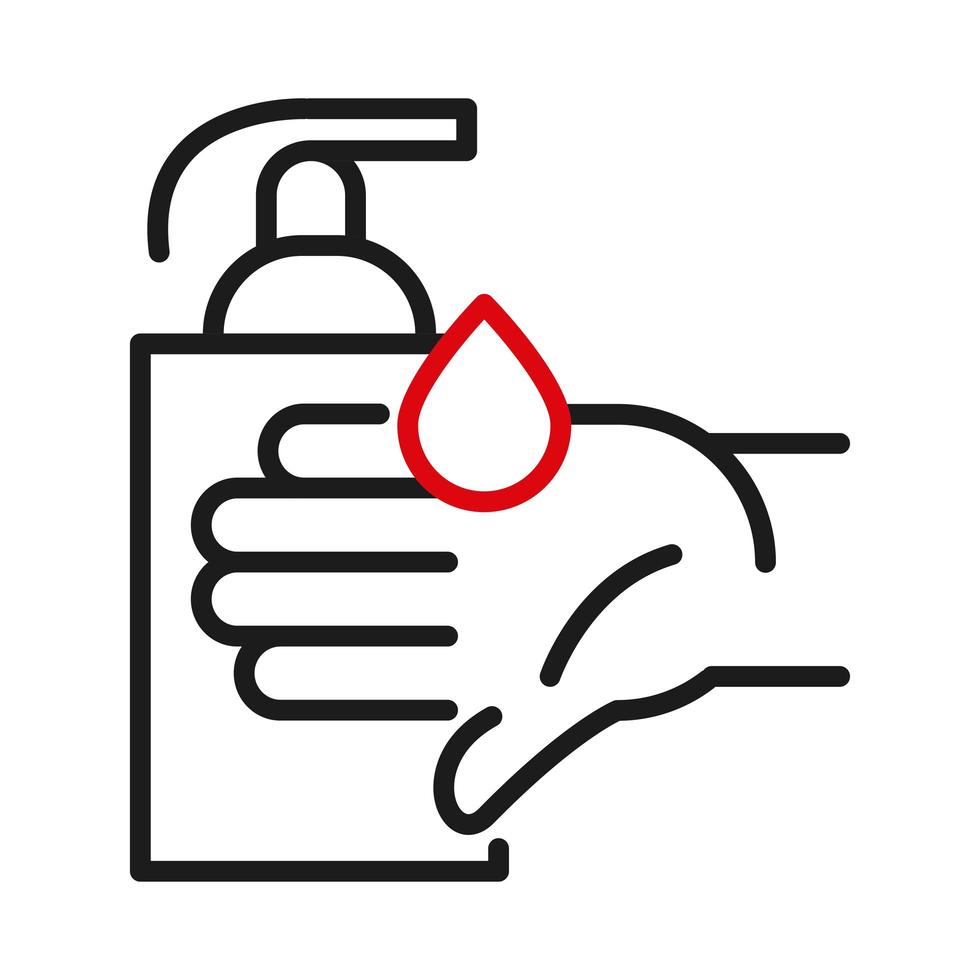 Soap dispenser and drop ver hand line bicolor style icon vector design