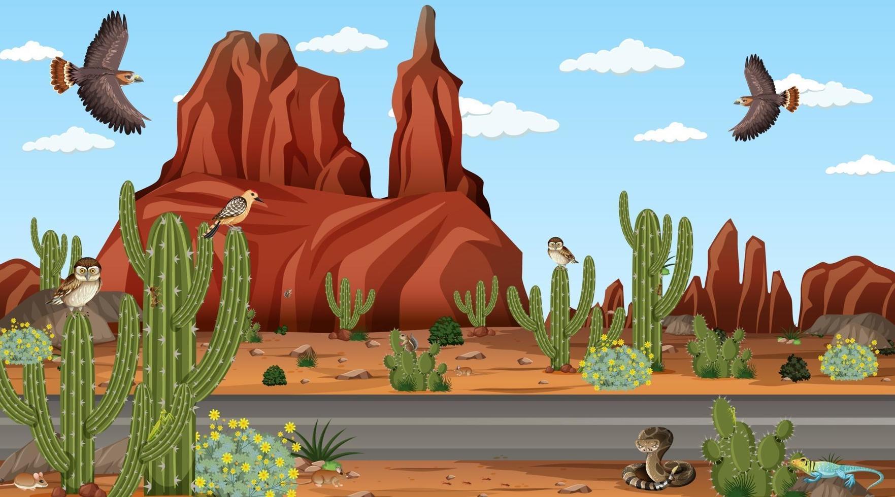 Desert forest landscape at daytime scene with desert animals and plants vector