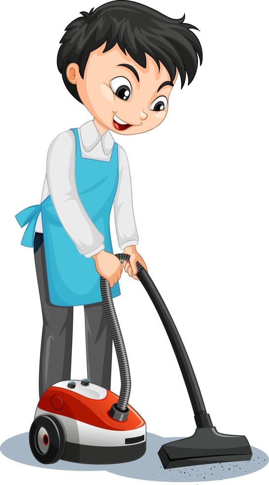 Cartoon character of a boy using vacuum cleaner vector