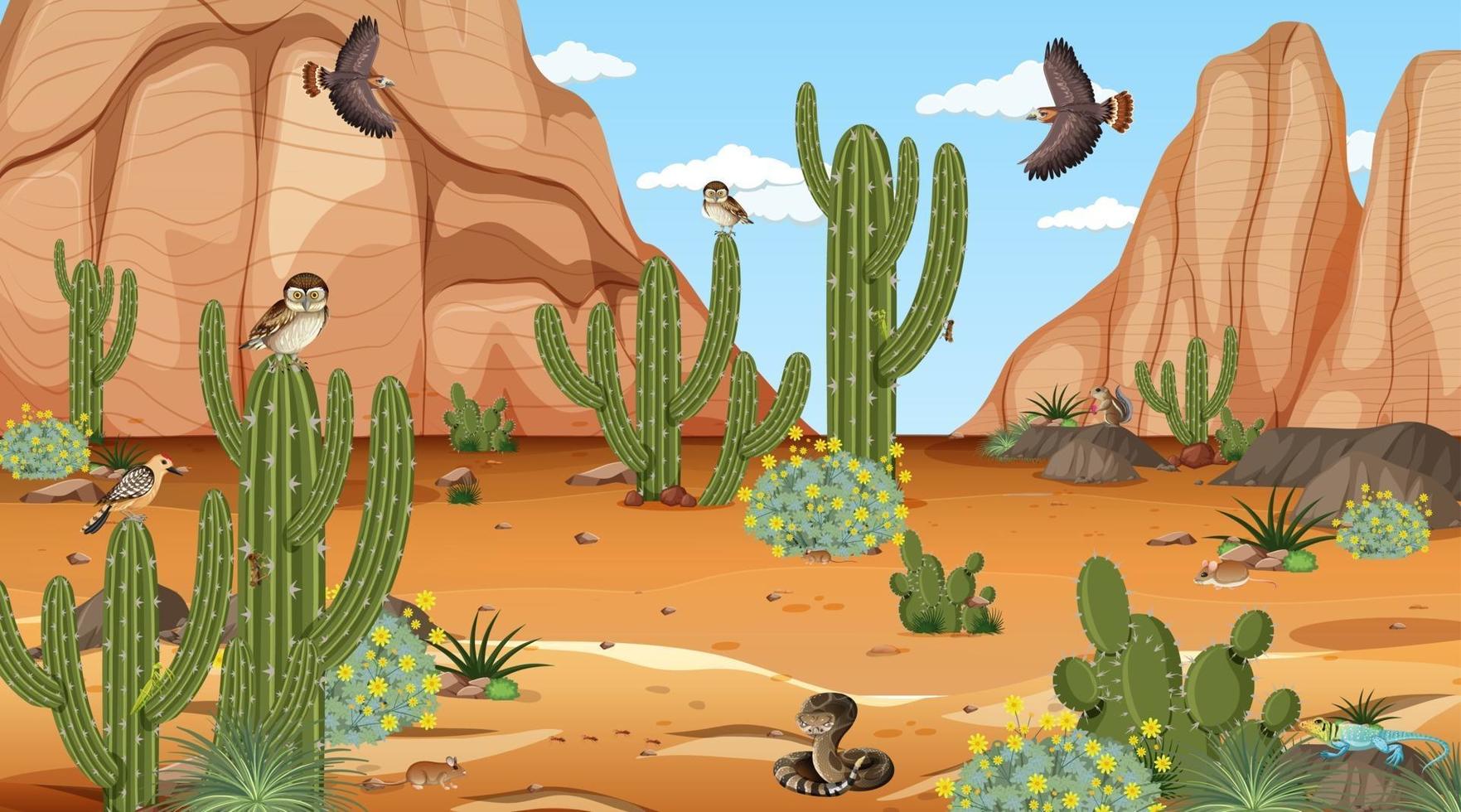 Desert forest landscape at daytime scene with desert animals and plants vector