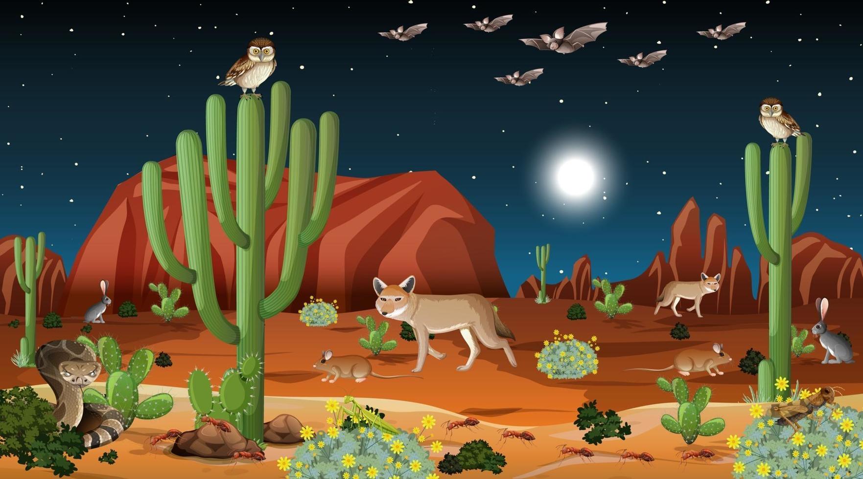 paisaje de bosque desértico en la escena nocturna con animales salvajes vector