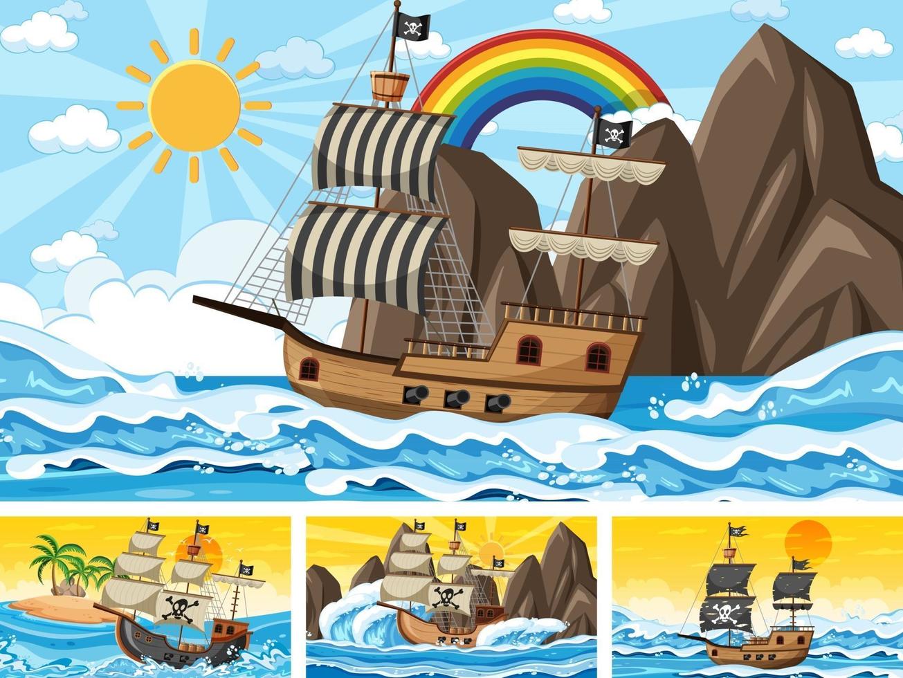 conjunto de océano con barco pirata en diferentes momentos escenas en estilo de dibujos animados vector