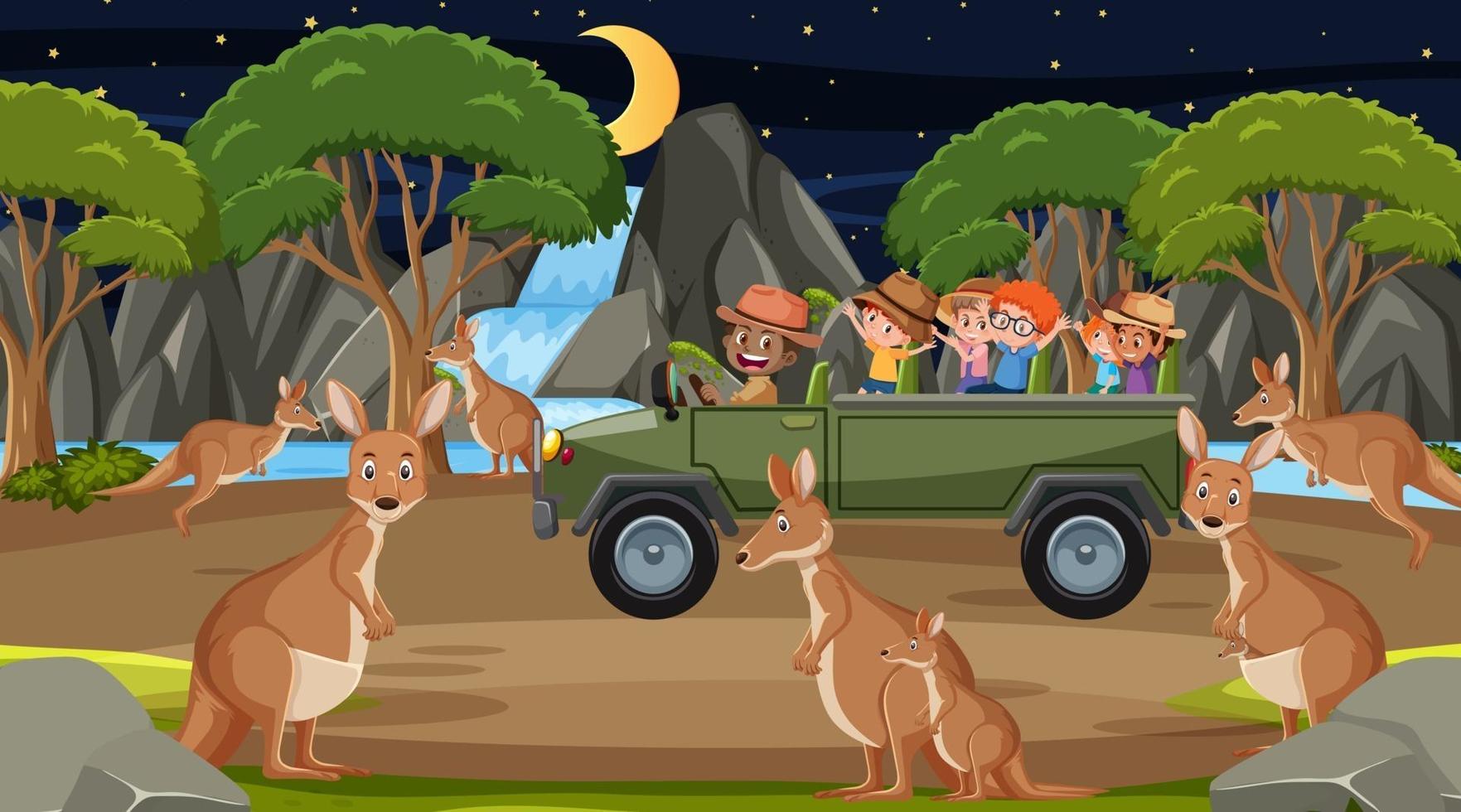 Safari en escena nocturna con niños viendo grupo canguro. vector