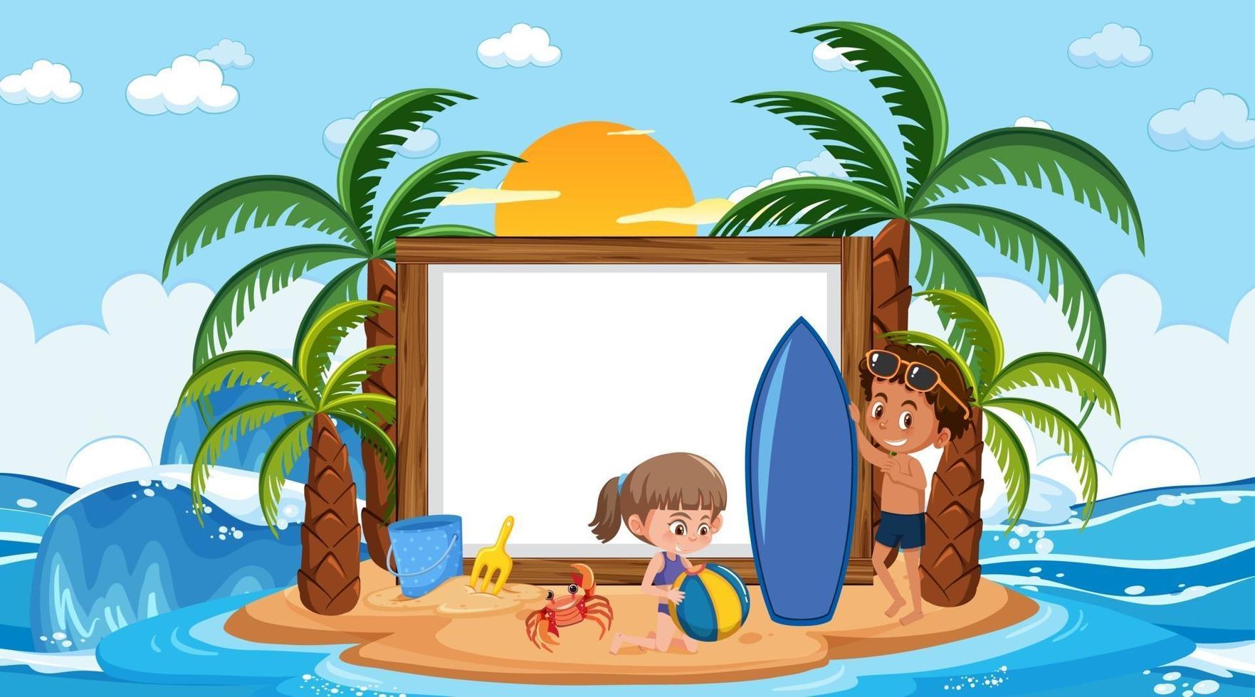 Empty banner template with kids on vacation at the beach daytime scene vector