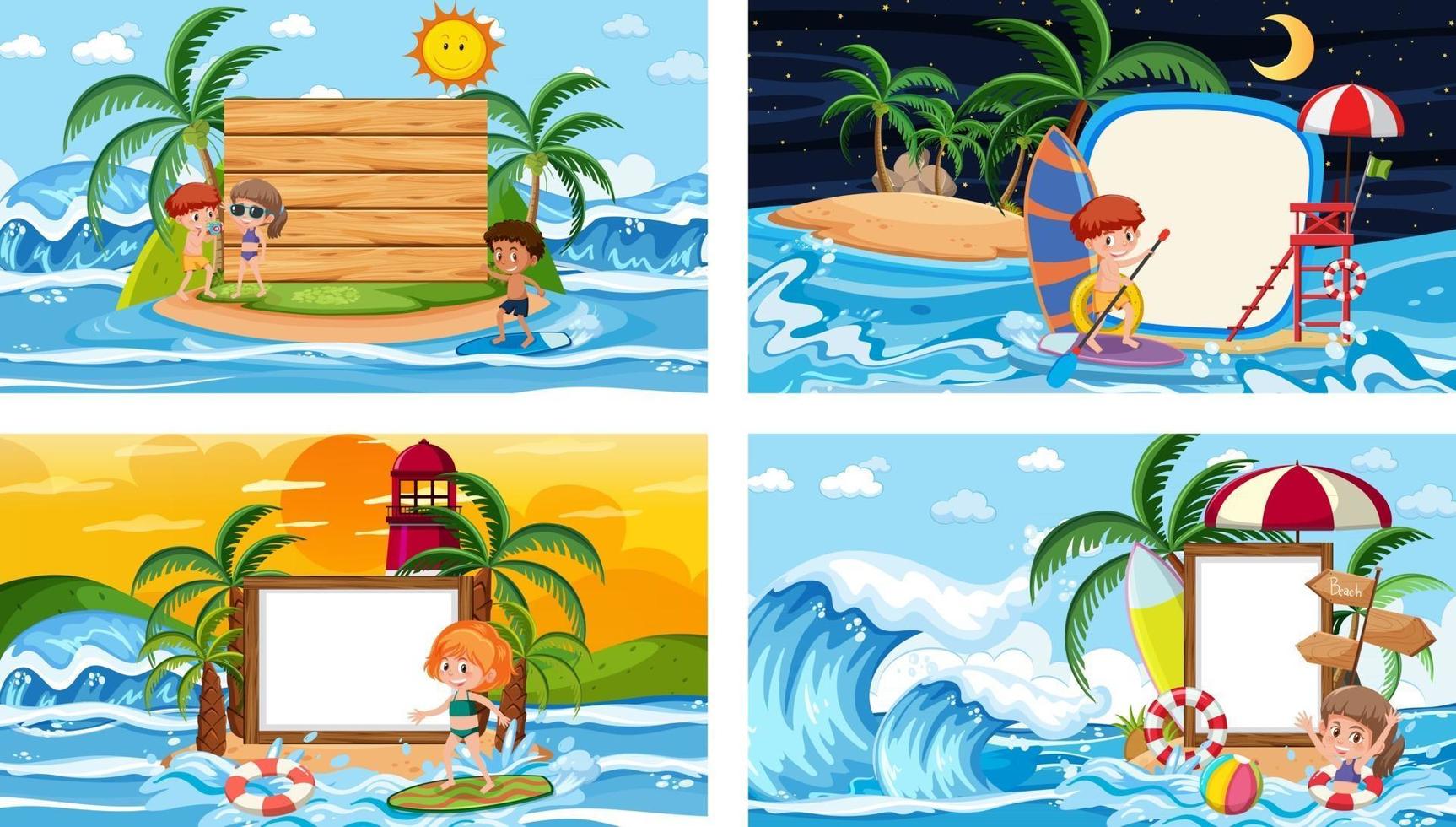 conjunto de diferentes escenas de playa tropical con banner en blanco vector