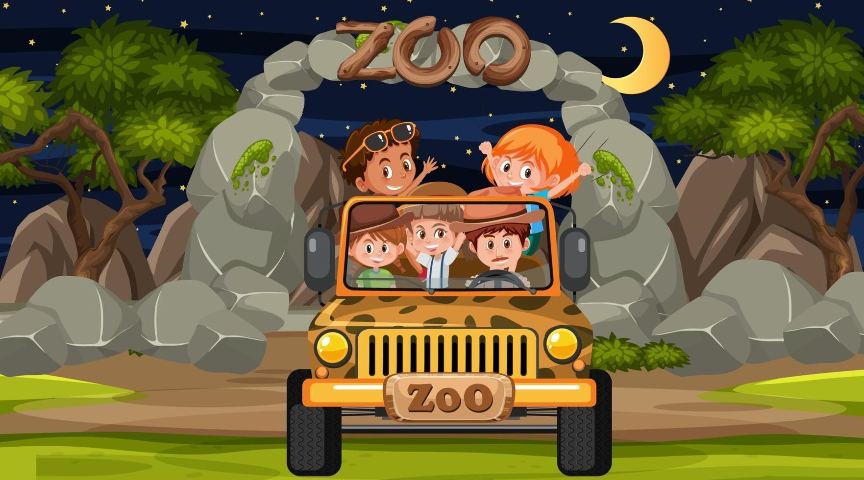 Safari at night scene with many kids in a jeep car vector