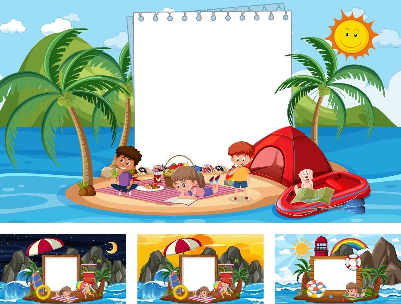 conjunto de pancartas en blanco en diferentes escenas de playas tropicales vector