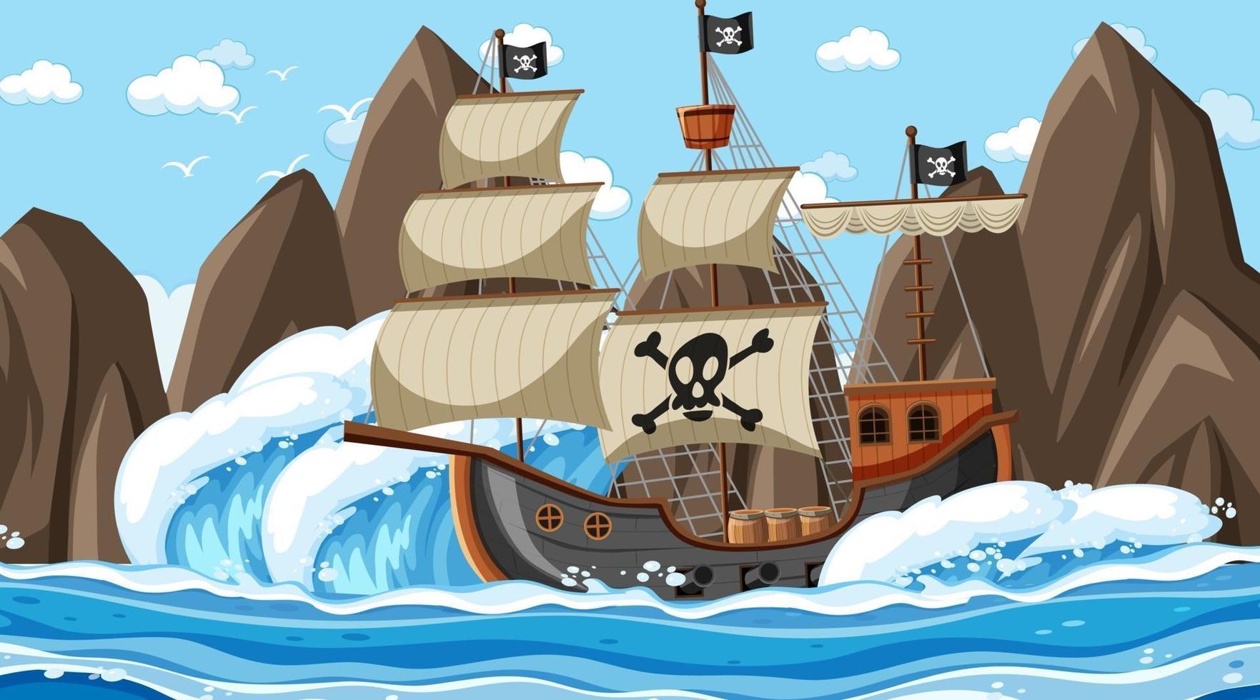 Ocean with Pirate ship at day time scene in cartoon style vector