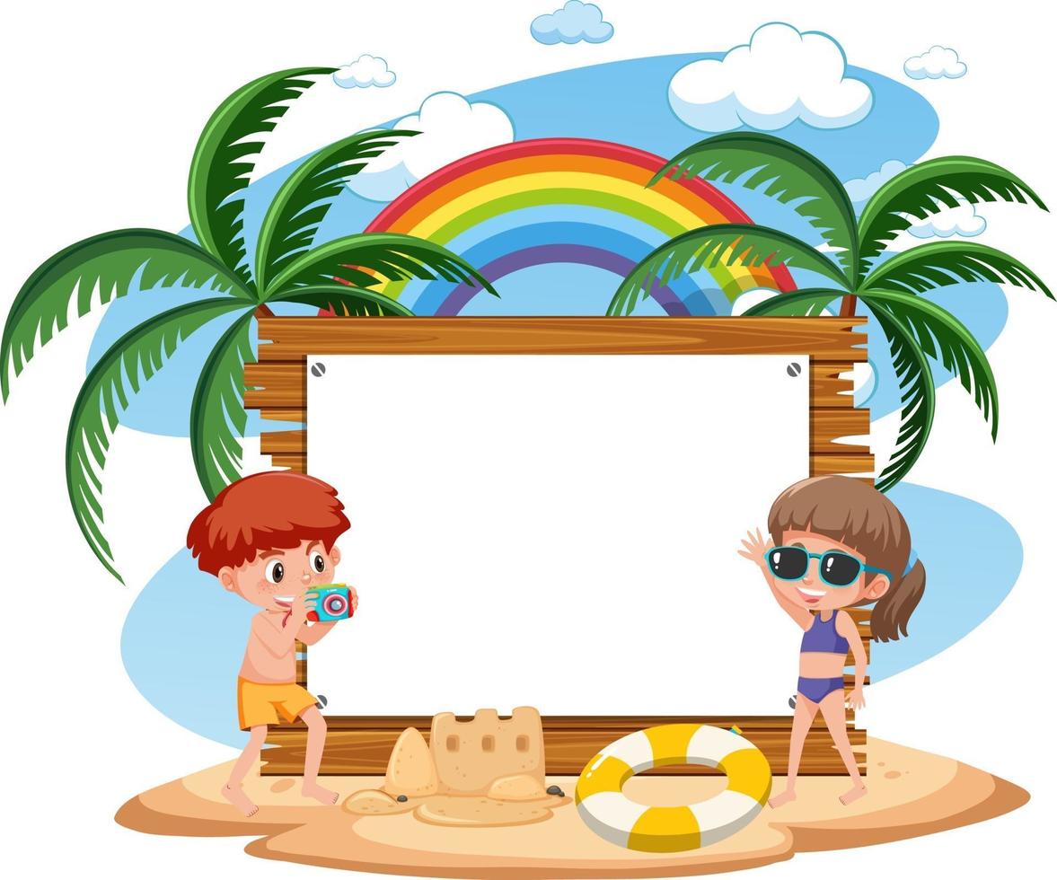 Blank banner template with many kids on summer vacation at the beach