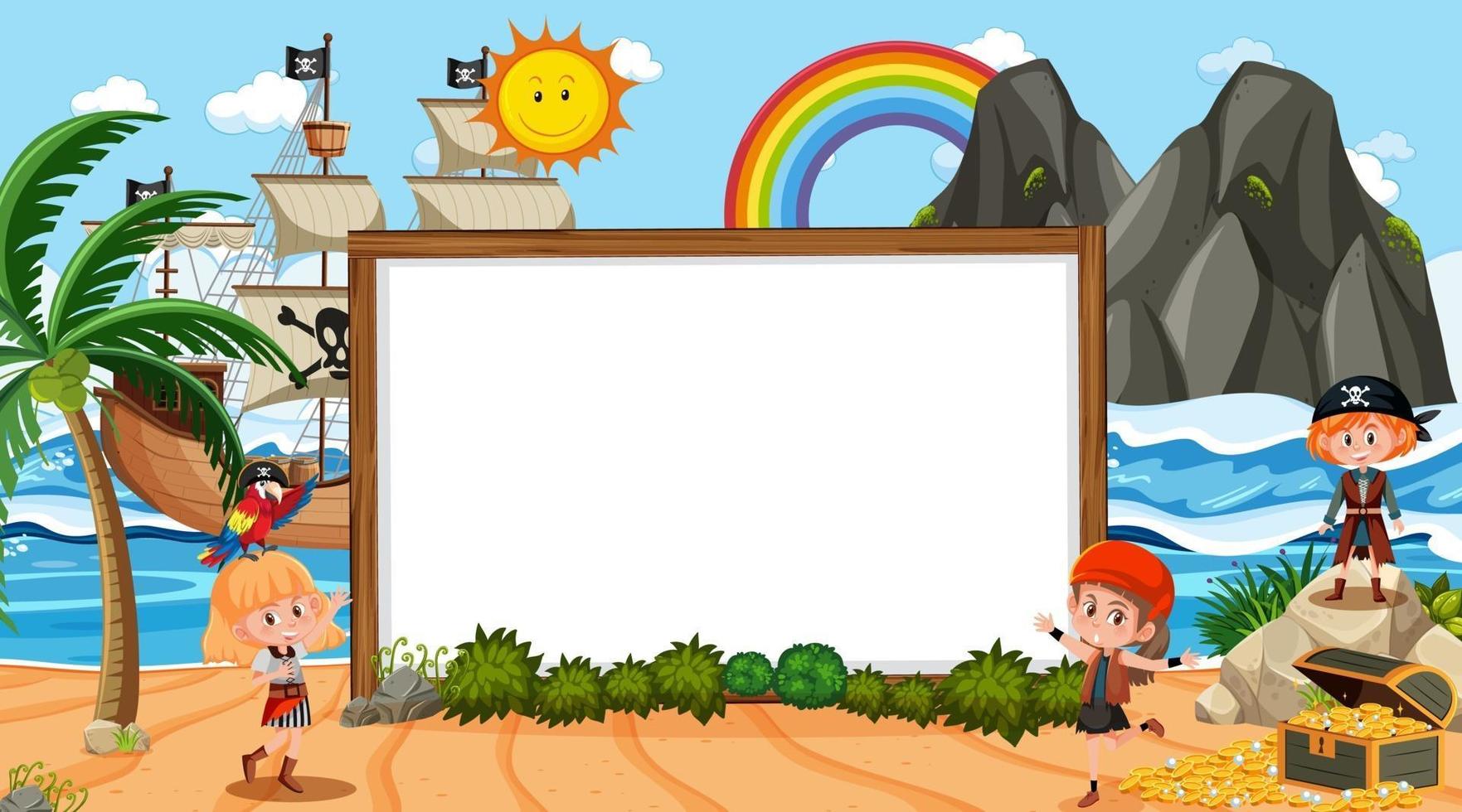 Empty banner template with pirate kids at the beach daytime scene vector