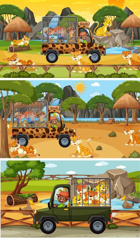 Set of different safari horizontal scenes with animals and kids cartoon character vector