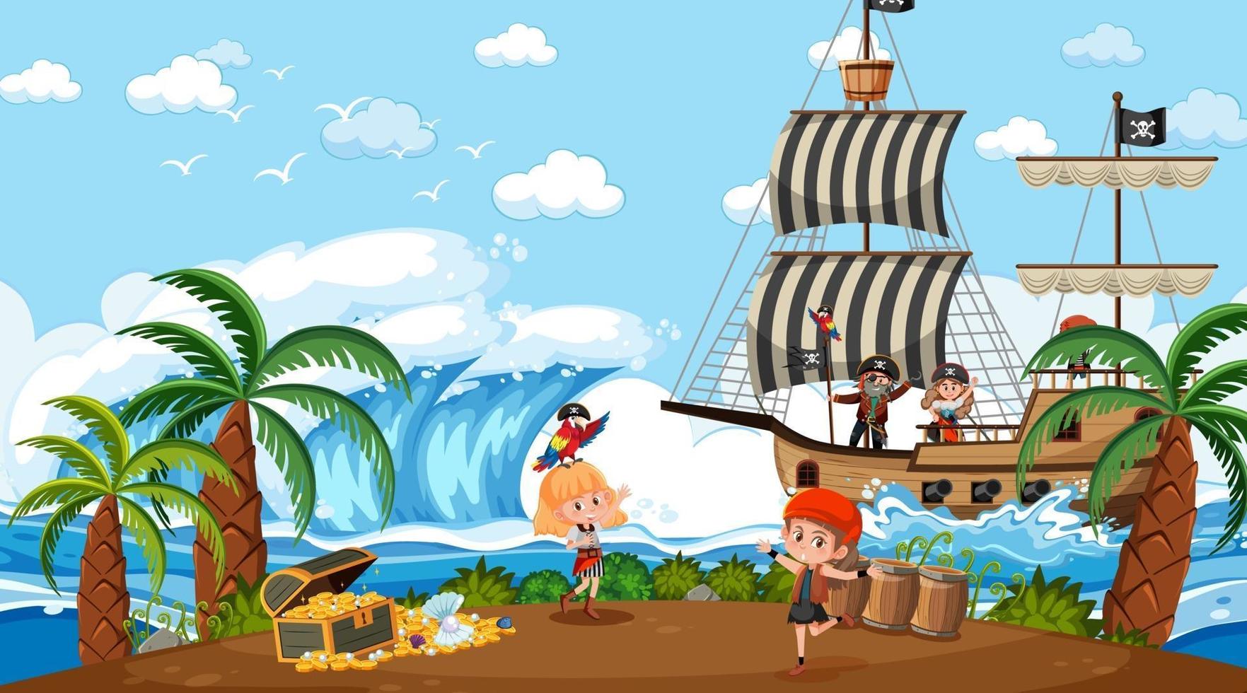 escena de la isla del tesoro durante el día con niños piratas vector