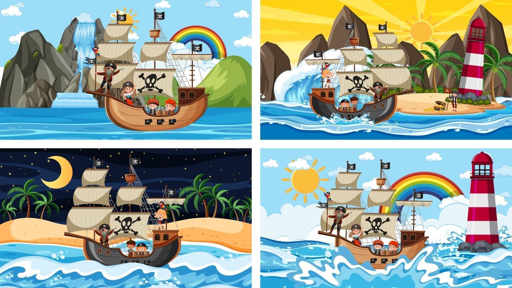 Set of different beach scenes with pirate ship vector