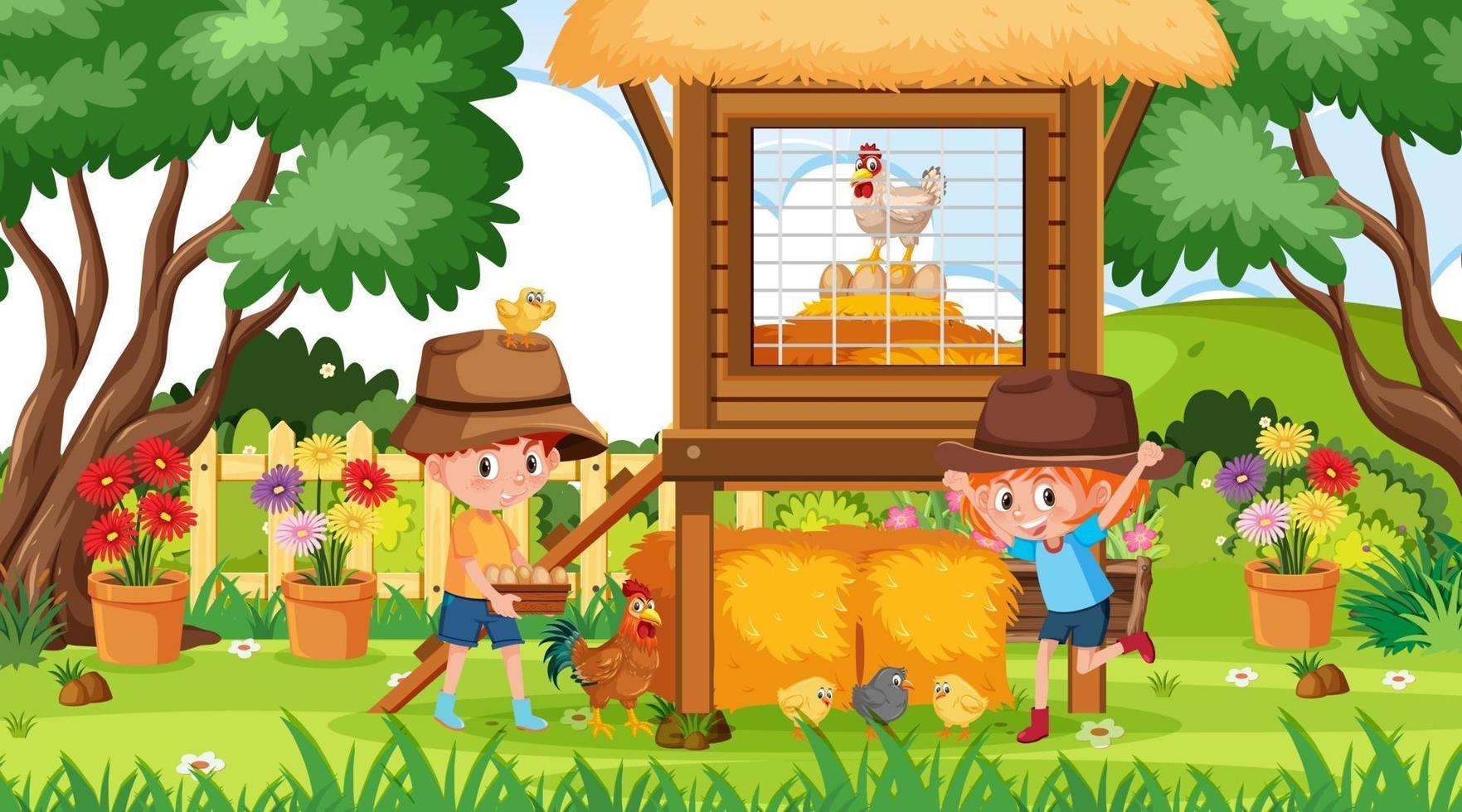 Scene with happy kids playing in the garden at day time vector