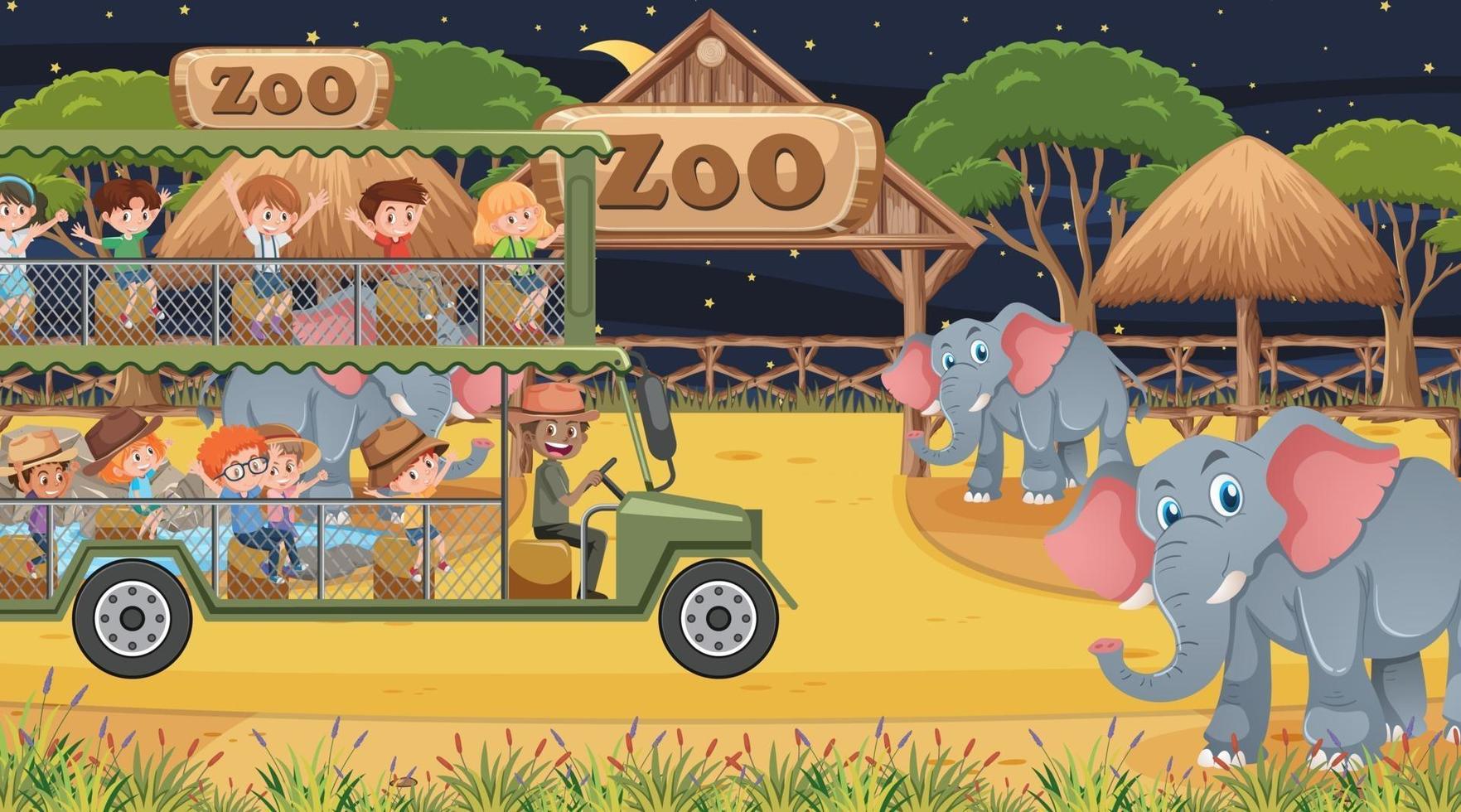 Safari en escena nocturna con niños viendo grupo de elefantes. vector