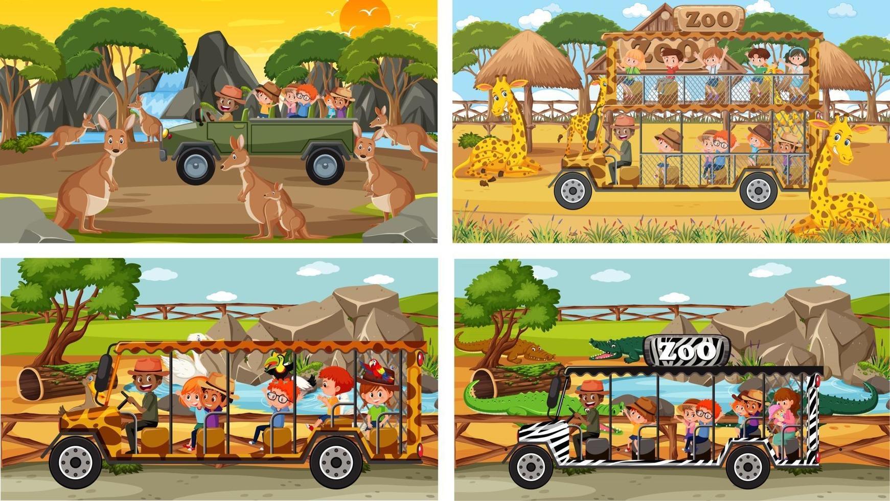 Set of different animals in safari scenes with kids vector