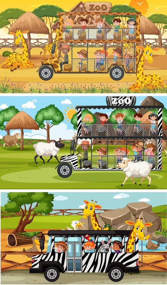 Conjunto de diferentes escenas horizontales de safari con personajes de dibujos animados de animales y niños vector