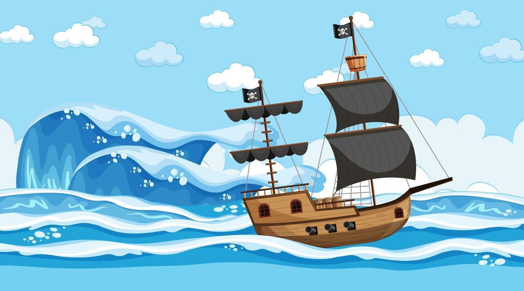 Ocean with Pirate ship at day time scene in cartoon style vector