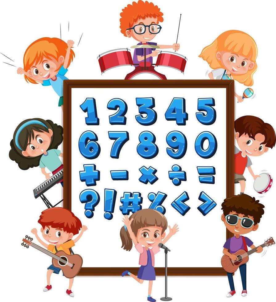 Número 0 a 9 y símbolos matemáticos en pancarta con muchos niños realizando diferentes actividades. vector