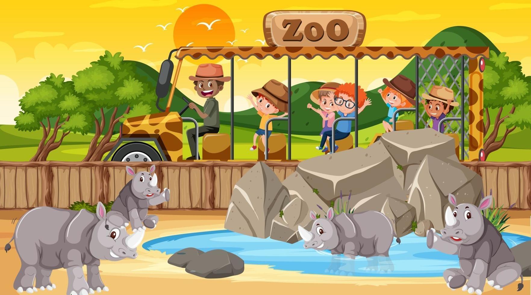 zoológico al atardecer con muchos niños viendo grupo de rinocerontes vector