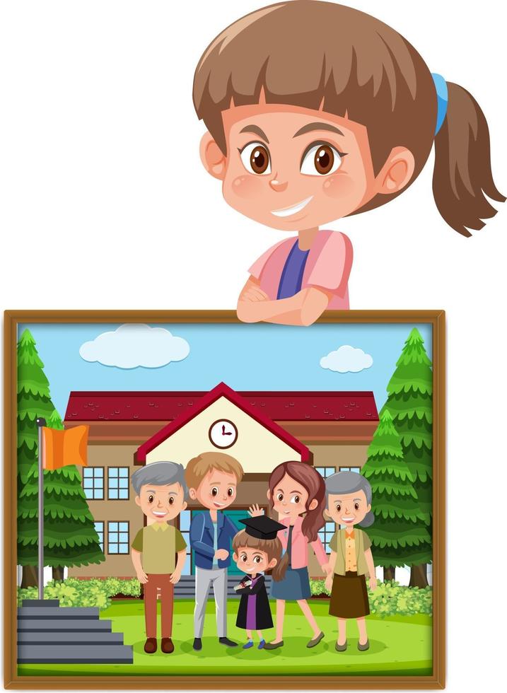 personaje de dibujos animados de una niña sosteniendo su foto de graduación vector