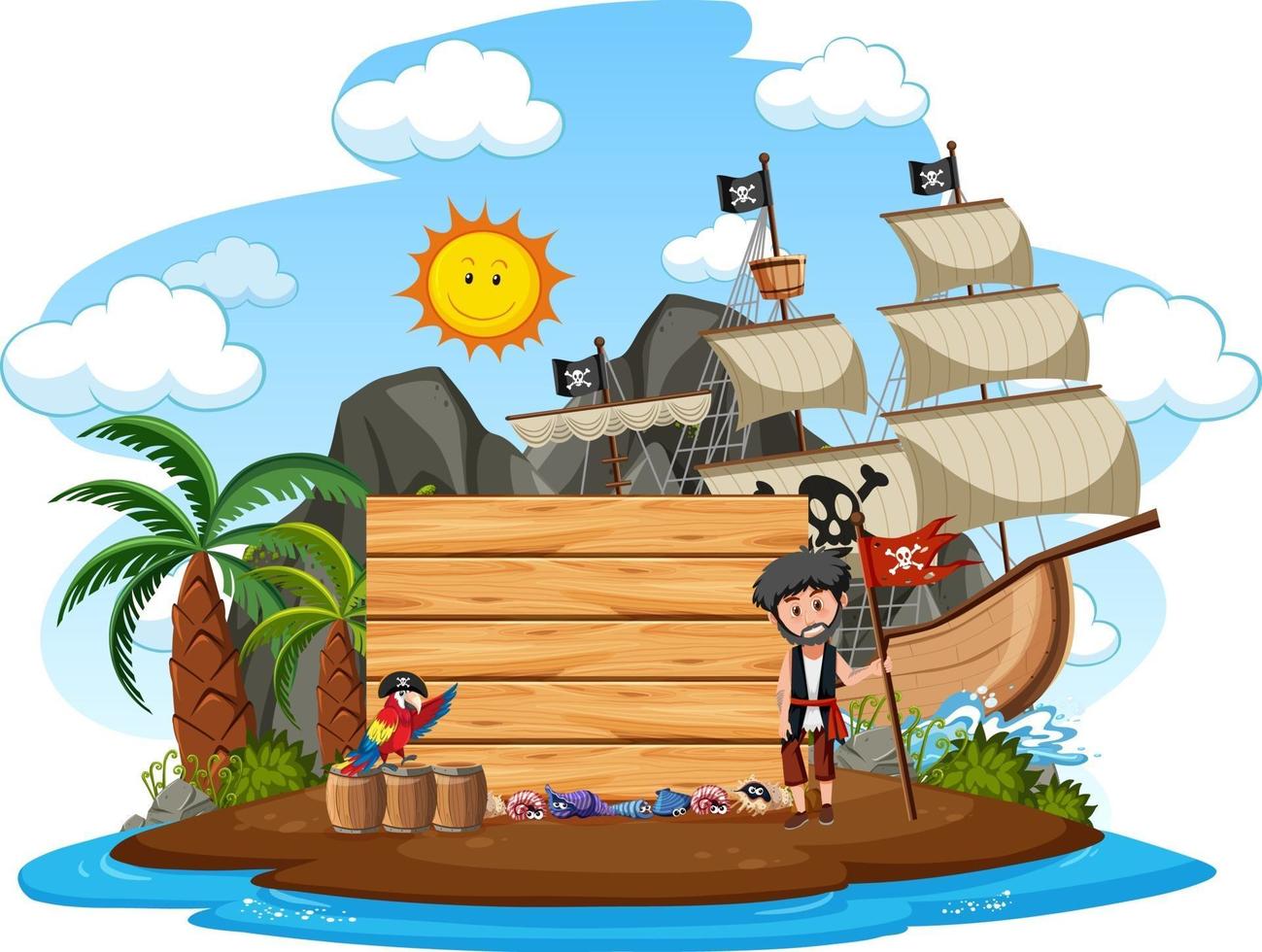 Isla pirata con un banner vacío aislado sobre fondo blanco. vector