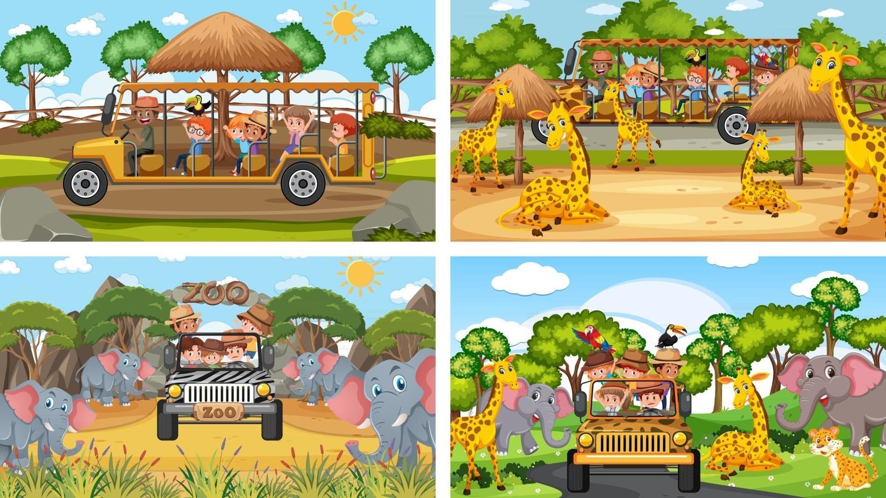 Cuatro escenas de zoológico diferentes con niños y animales. vector