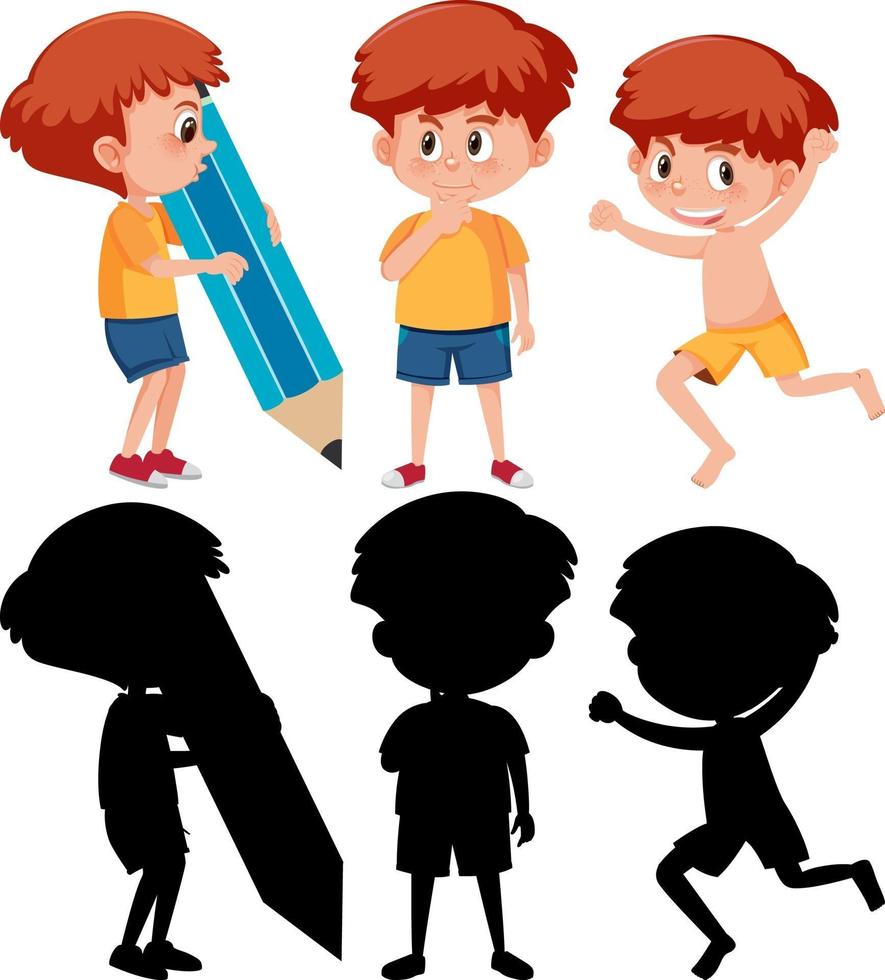 conjunto de un personaje de dibujos animados de niño en diferentes posiciones con su silueta vector