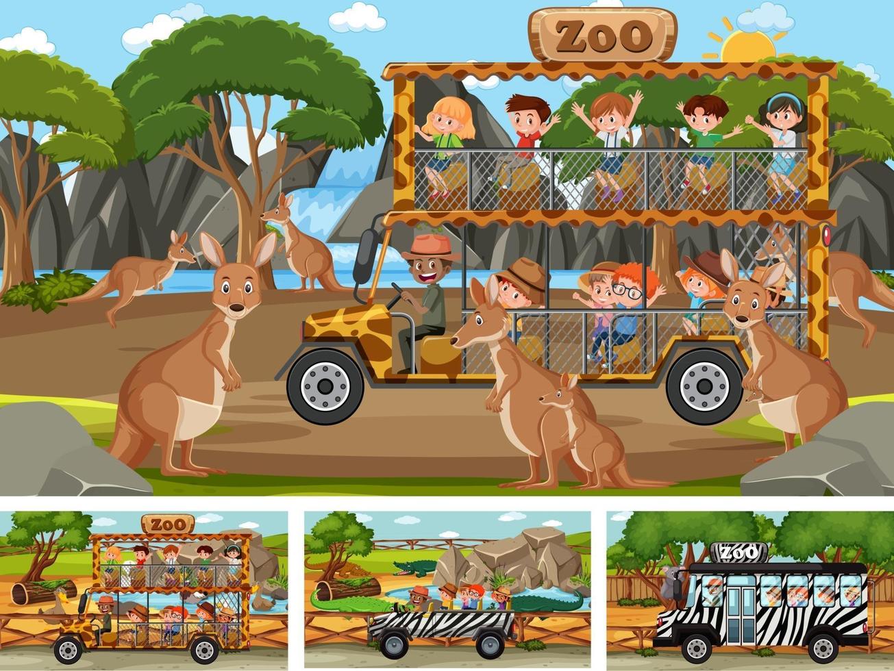 Different safari scenes with animals and kids cartoon character vector