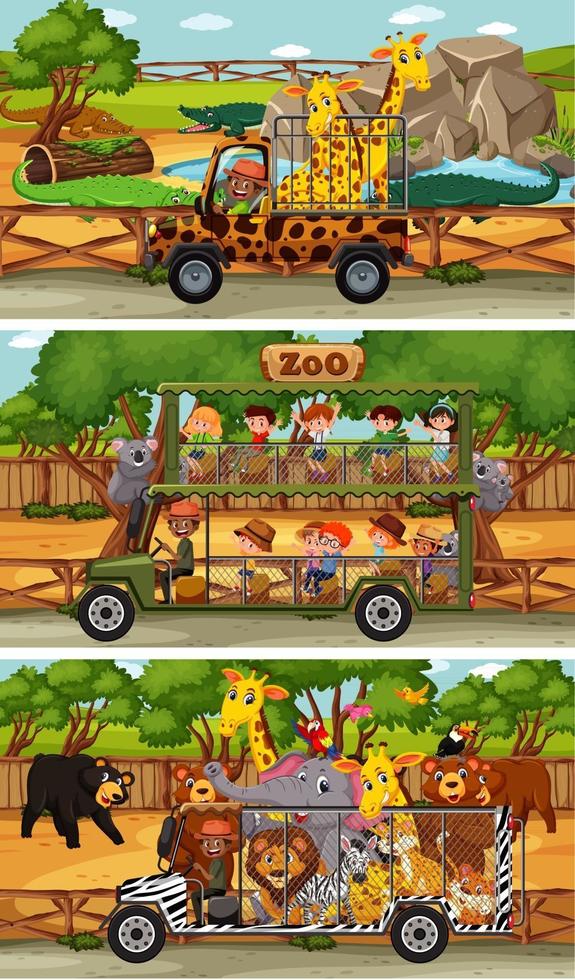 Set of different safari horizontal scenes with animals and kids cartoon character vector