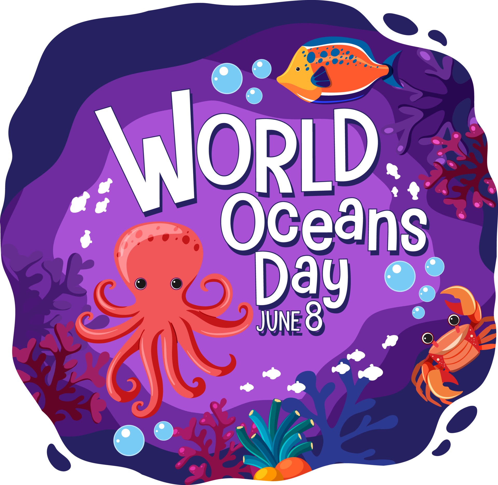 World Ocean Day banner with many different sea animals 2583754 Vector