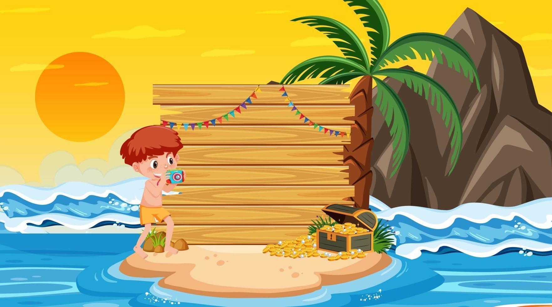 Kids on vacation at the beach sunset scene with an empty banner template vector