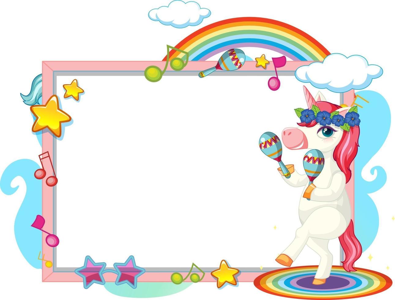 lindo personaje de dibujos animados de unicornio con banner en blanco vector