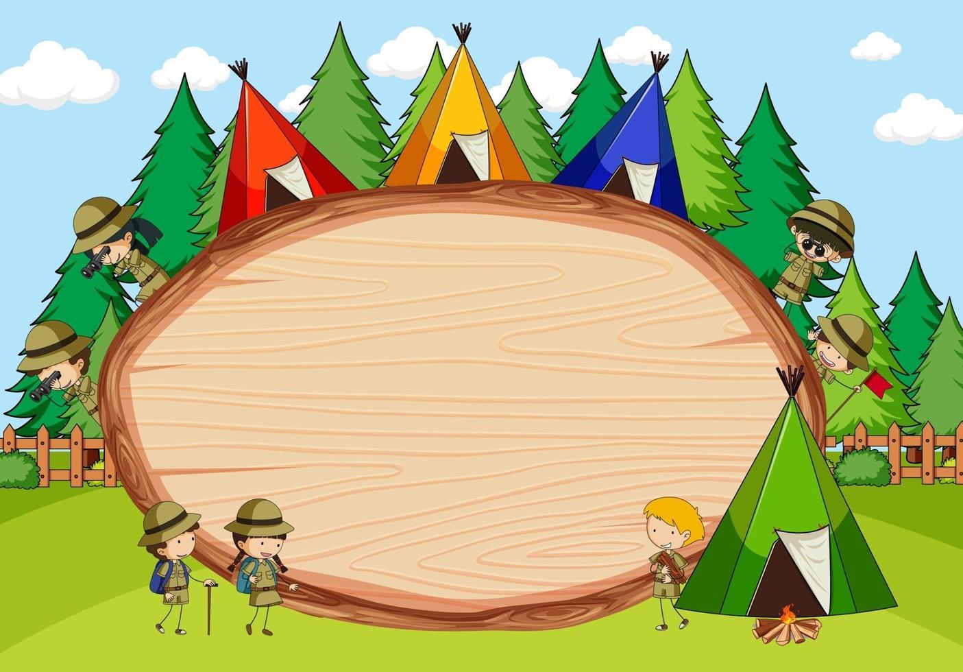 Escena de camping con tabla de madera en blanco en forma ovalada con personaje de dibujos animados de doodle de niños scout vector