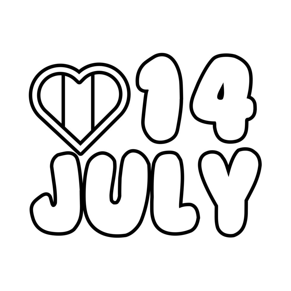 france flag in heart with 14 july line style vector