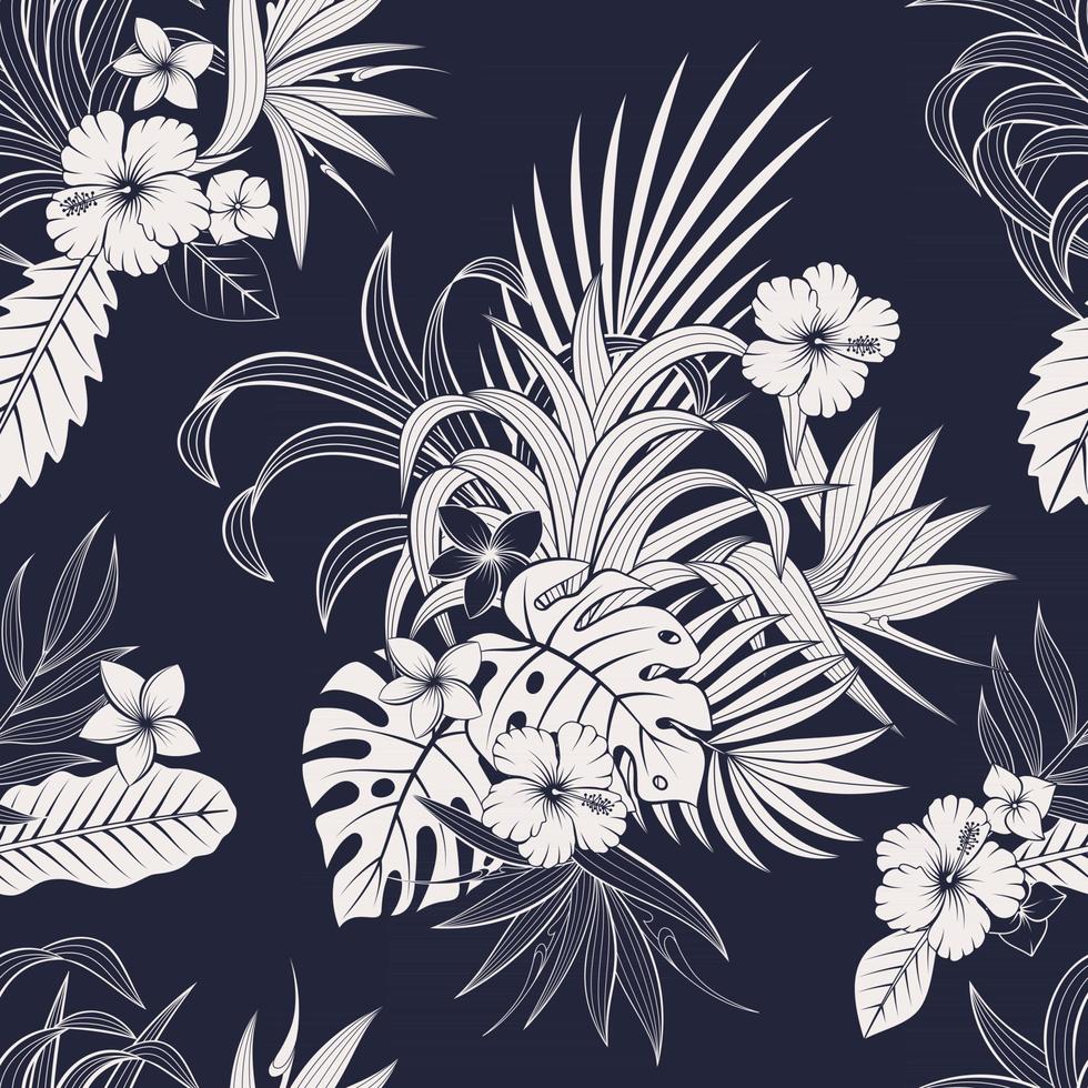 Seamless pattern with tropical leaves and flowers. elegant dark blue and white exotic background vector