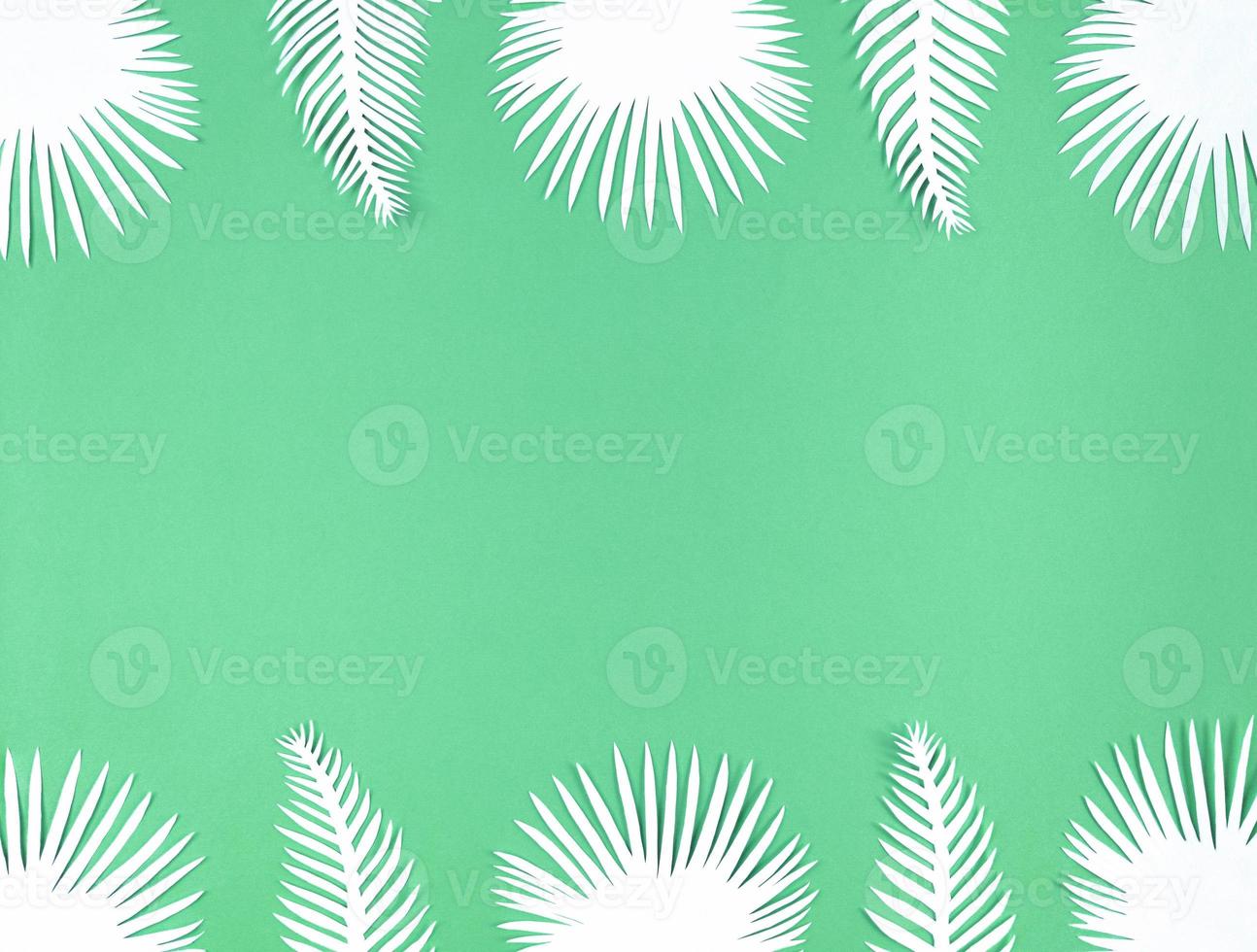 hojas de papel tropical sobre fondo verde, plano con espacio de copia. foto