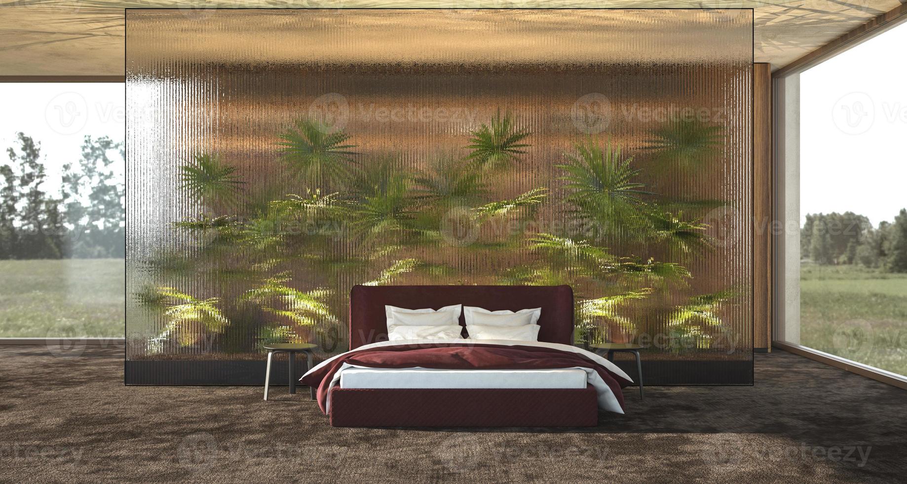 Diseño de interiores de dormitorio moderno de lujo con mampara de vidrio decorativo y plantas - palmeras foto
