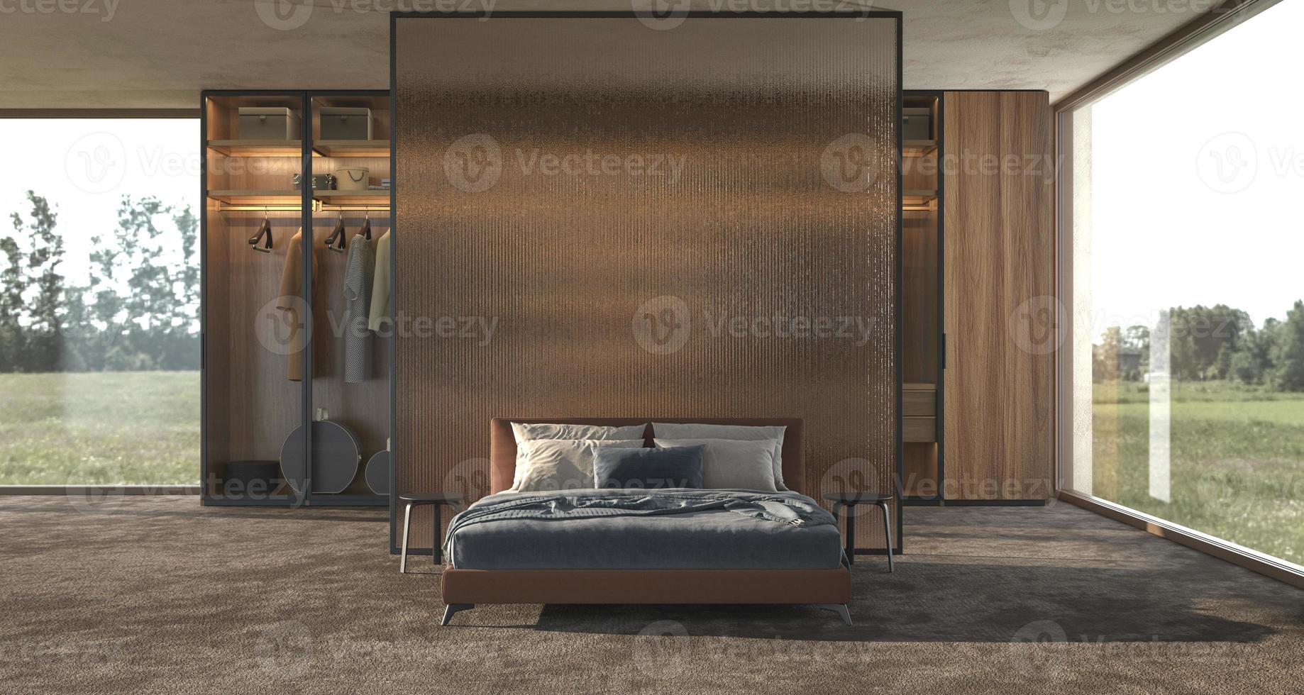 Diseño de interiores de dormitorio moderno de lujo con mampara de vidrio decorativo y ventanas panorámicas con vista de campo foto