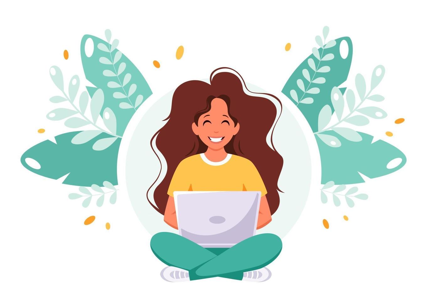 Woman sitting with laptop Freelance remote working home office concept vector