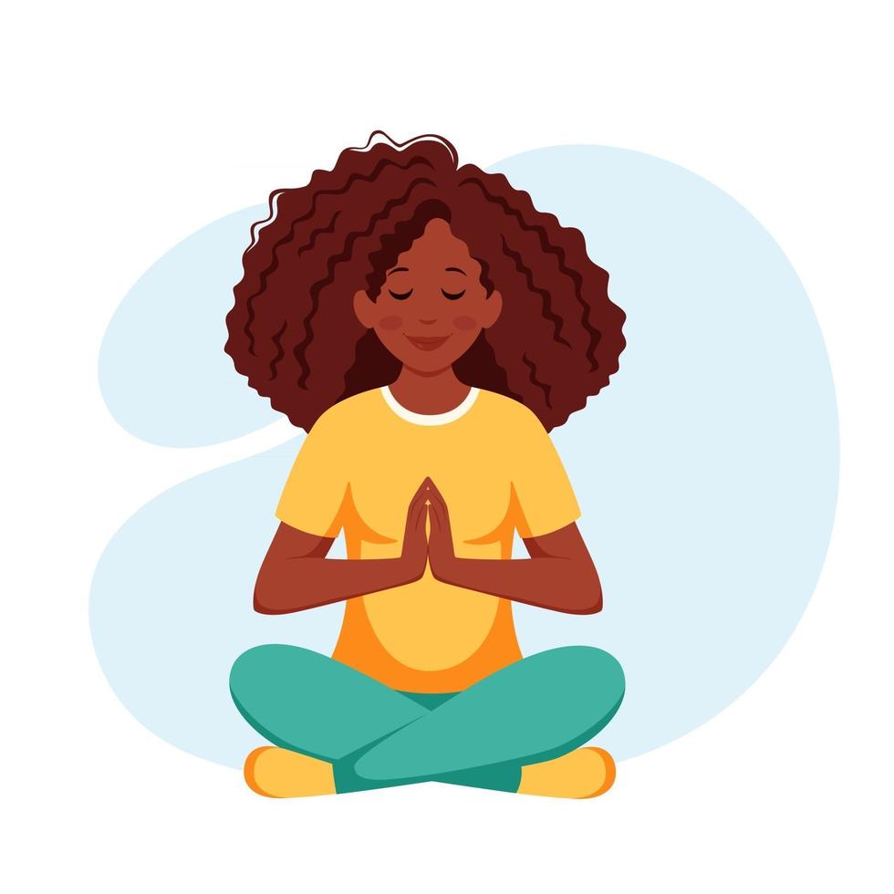 Afroamericana meditando en posición de loto estilo de vida saludable yoga relajarse vector