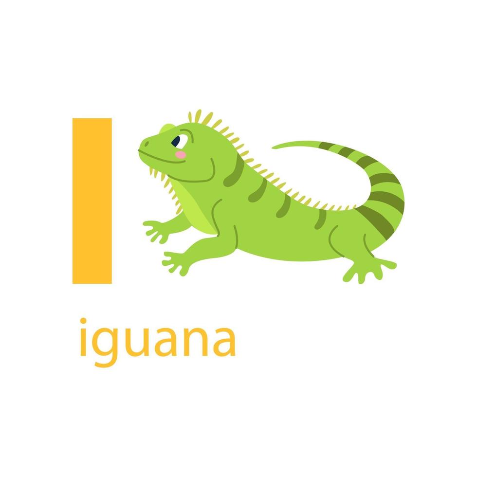 linda tarjeta de iguana. alfabeto con animales. diseño colorido para enseñar a los niños el alfabeto, aprender inglés. ilustración vectorial en un estilo de dibujos animados plana sobre un fondo blanco vector