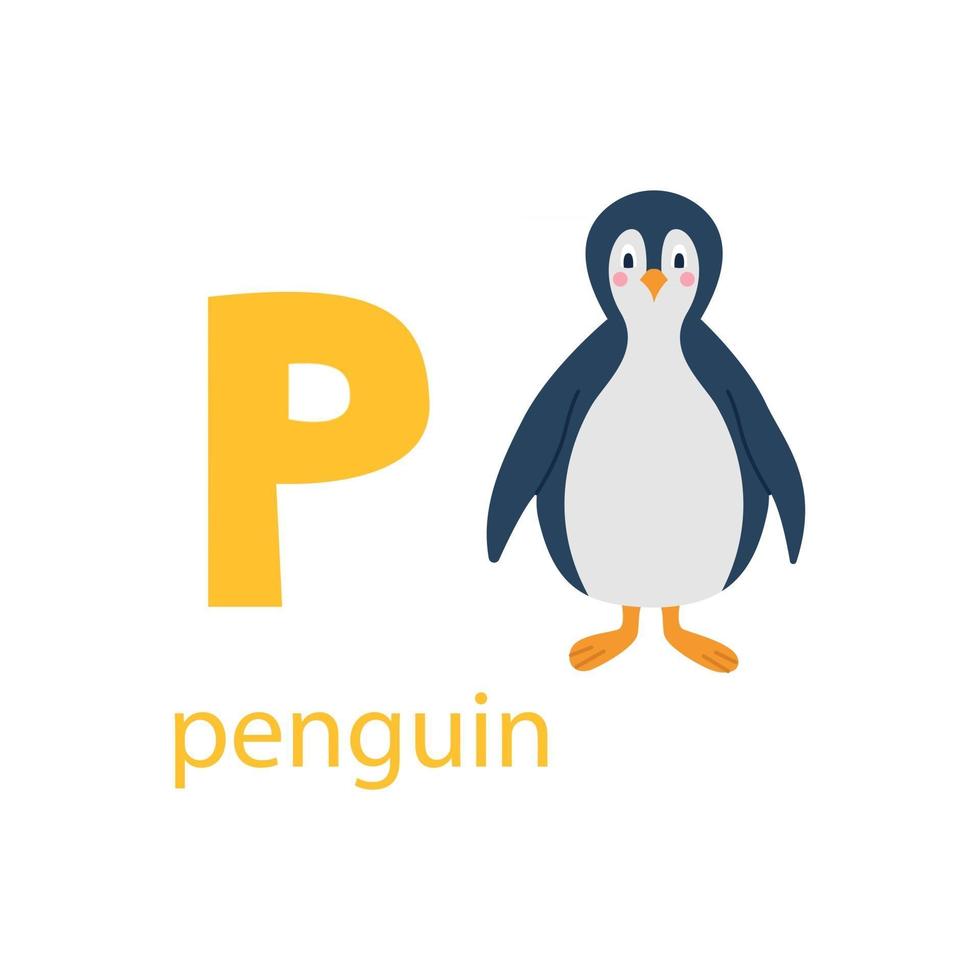 linda tarjeta de pingüino. alfabeto con animales. diseño colorido para enseñar a los niños el alfabeto, aprender inglés. ilustración vectorial en un estilo de dibujos animados plana sobre un fondo blanco vector