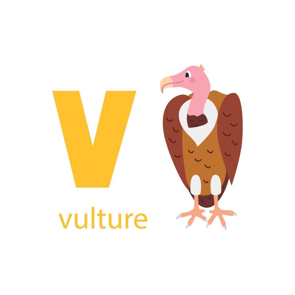 Cute vulture card. Alphabet with animals. Colorful design for teaching children the alphabet, learning English. Vector illustration in a flat cartoon style on a white background