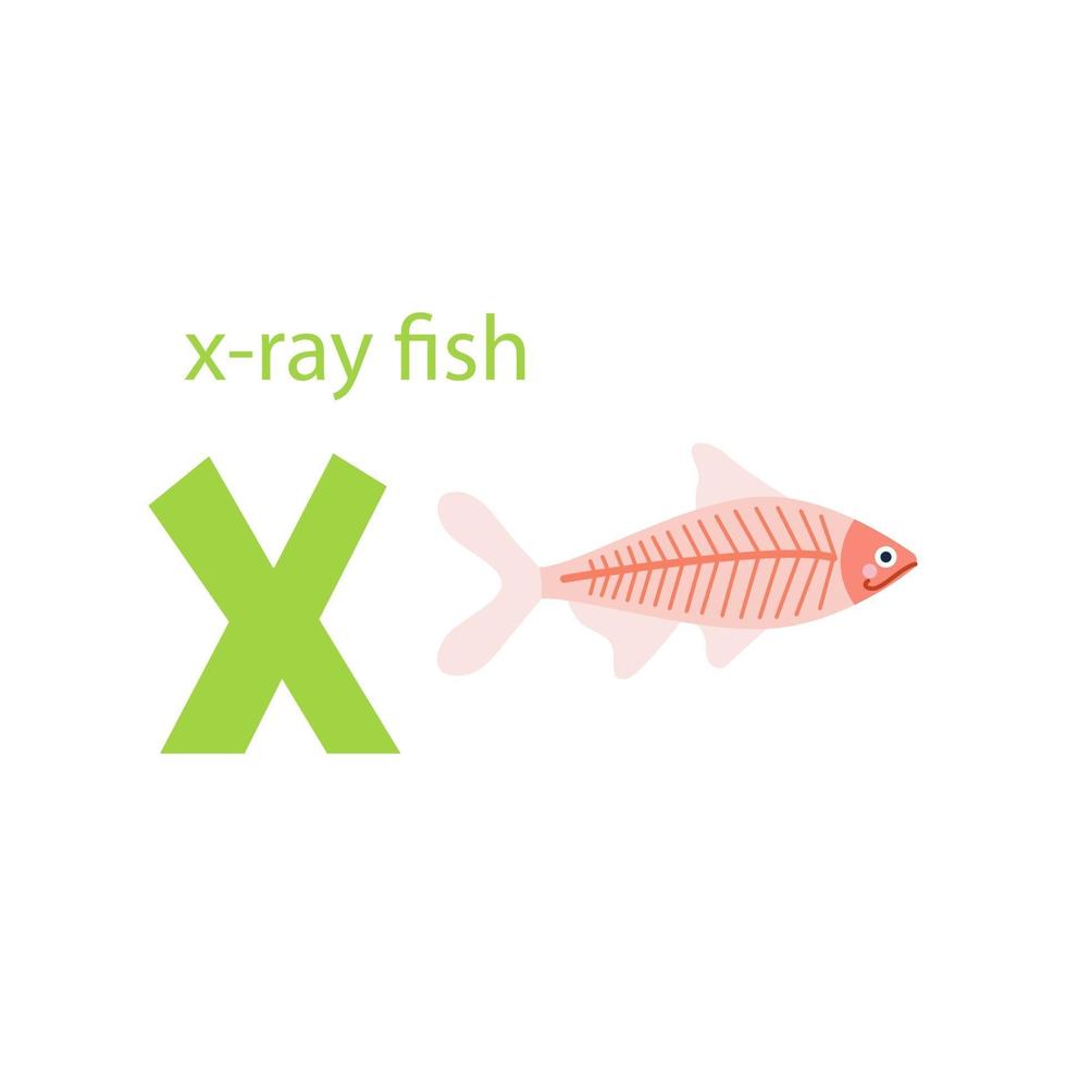 Fish X-ray card. Alphabet with animals. Colorful design for teaching children the alphabet, learning English. Vector illustration in a flat cartoon style on a white background