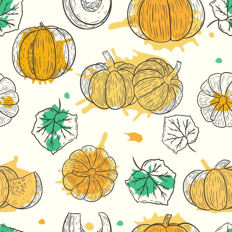 Seamless fall pattern with pumpkins and leaves vector