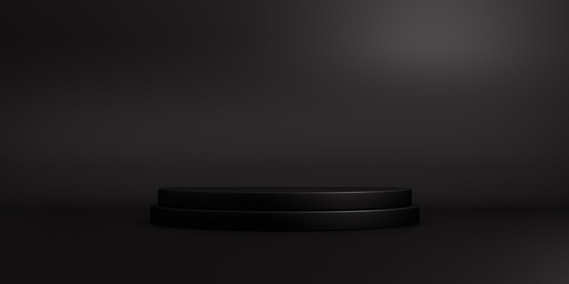 Pedestal of Platform display with black stand podium on dark room  background. Blank Exhibition or empty product shelf. 3D rendering. Stock  Photo