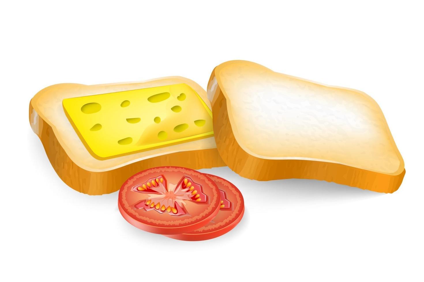 Rebanada de pan tostado con mantequilla, queso, tomates, diseño de estilo acuarela vector