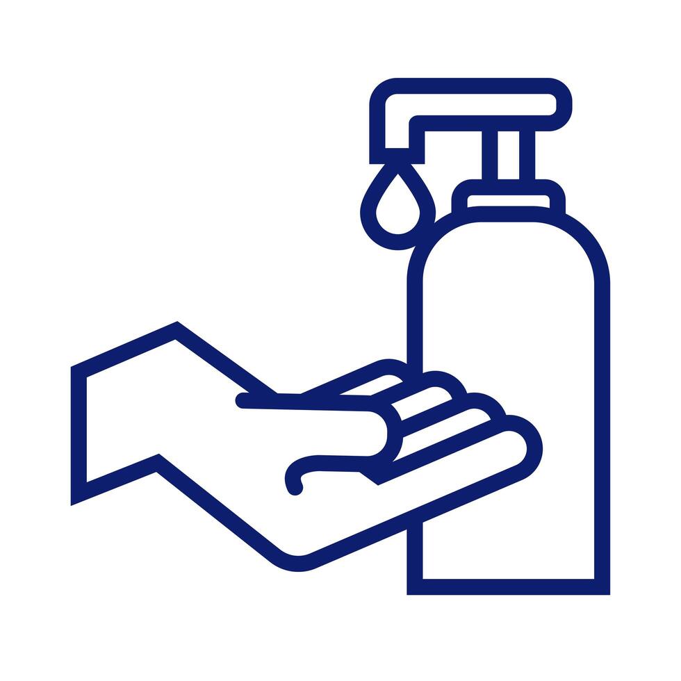 hand washing using antibacterial soap bottle line style vector