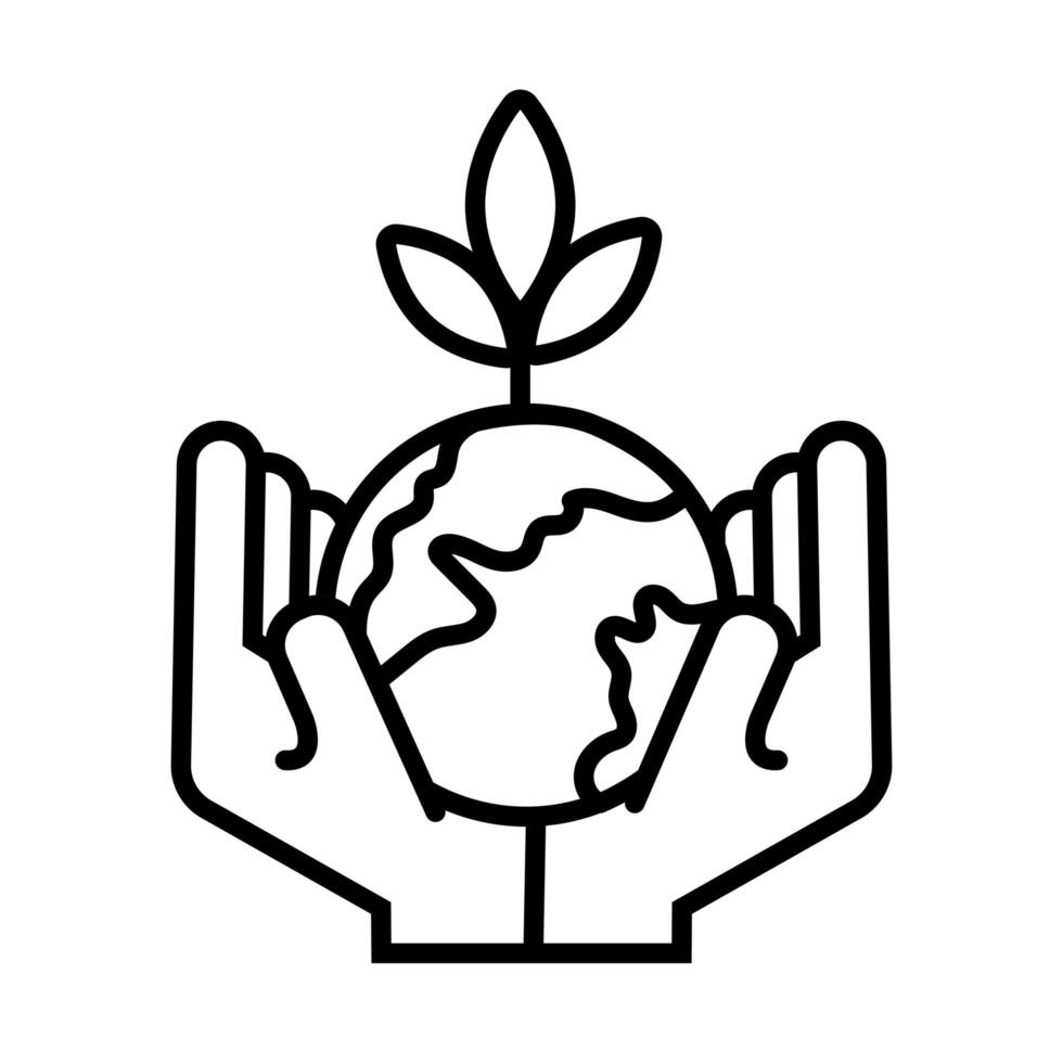 hands lifting world planet earth and plant line style vector